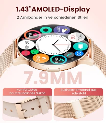 ESFOE Damen Smartwatch Ultradünn,1.43" AMOLED Smart Watch mit Bluetooth Anrufe,Uhr Damen Herren mit 120 Sportmodi Pulsuhr Schlafmonitor… – Ansicht 2
