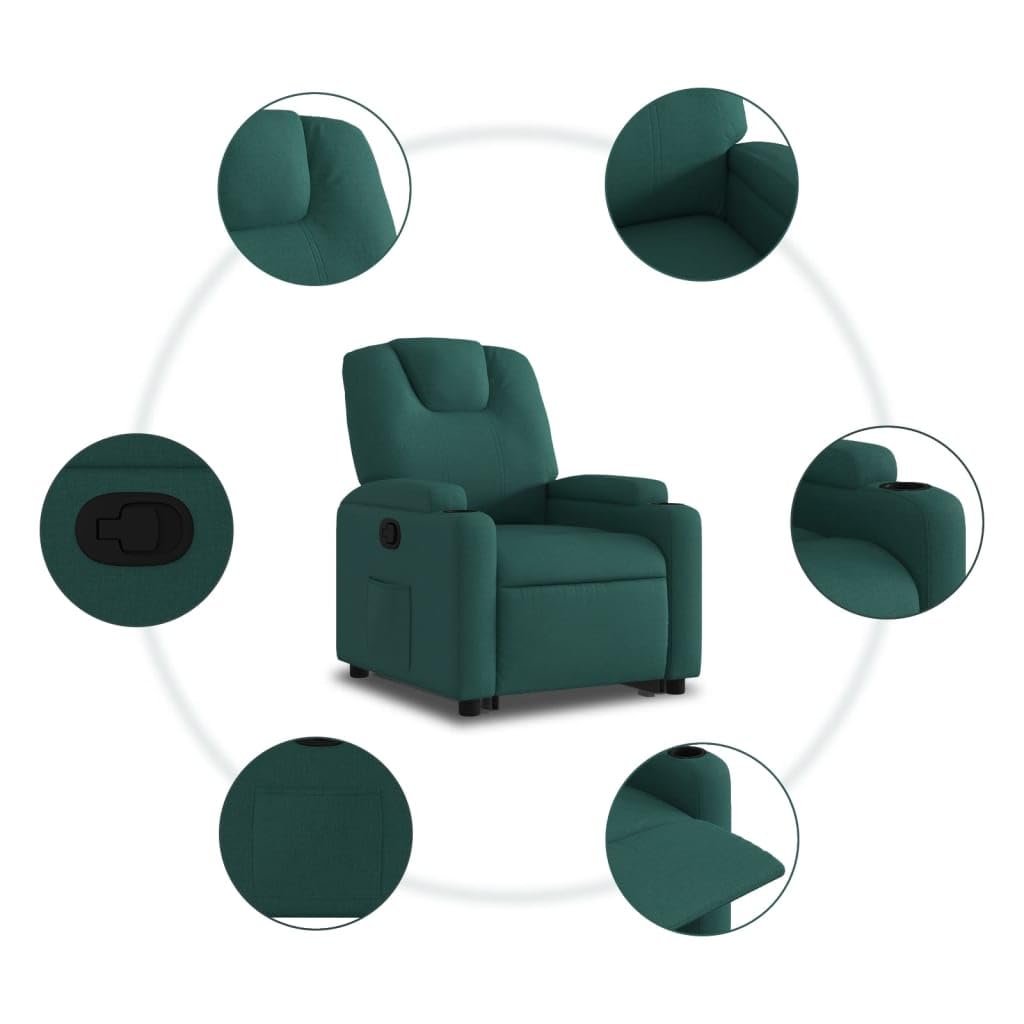 Sillón elevador reclinable verde oscuro de tela con motor eléctrico y función manual, asiento acolchado y estructura estable, cómodos portavasos y bolsillo lateral