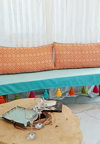 Image of WWW.THROWPILLOW.IN Blue Sofa Cover Multicoloured Tassels :Sofa Slipcover: Thick Fabric: Seat & Front Back Protection -Set of 3 Seat Covers & Single Back Cover- L Shape (2 Seater + Lounger + Ottoman)