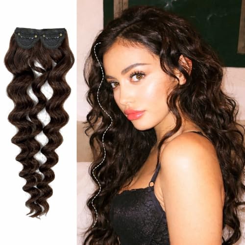 Image of Real 100% Natural 2Clip-In Remy Curly Human Hair Extension Streak Strands | Side Bangs Patch To Add Side Hair Volume| Soft Lightweight Styling Fashion Party Daily Wear Damage-Free Blendable For Women Girls | Brown | 28inch (4Pc)