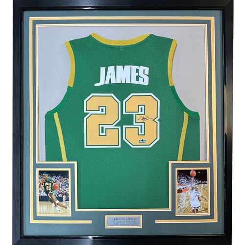 Framed Facsimile Autographed LeBron James 35x39 St. Vincent-St. Mary High School Green Reprint Laser Auto Basketball Jersey