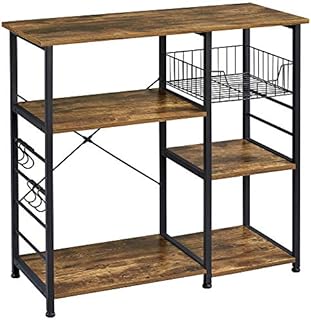 Yaheetech Baker's Rack Industrial Kitchen Island Microwave Storage Rack with Metal Mesh Basket Shelves and 6 Hooks, 90X39X84cm, Standing Coffee Bar Table Metal Frame