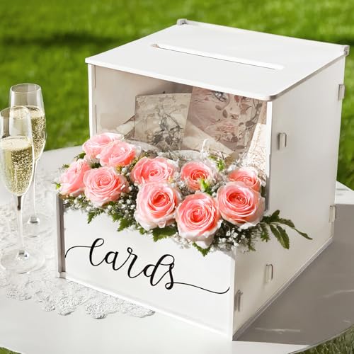 Image of White Card Box with Slot, Wedding Card Boxes for Reception with Flower Trough, Elegant Suggestion Box for Gift Cards Envelope, Perfect for Birthday Bridal Shower Graduation Party Table Decor
