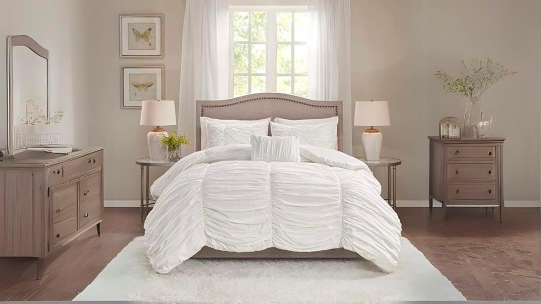 BedDecor 1 Piece Ruched Pattern Duvet Cover with Zipper & Corner Ties 100% Egyptian Cotton 500 Thread Count Premium Hotel Quality Decorative Bedding (White,King/California King)