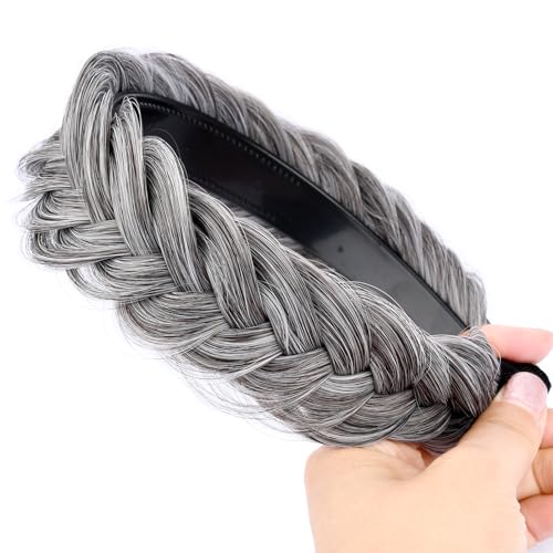 GLEDOLA Wide Messy Braided Headband with Teeth Synthetic Hair Plaited Headband High Elasticity Braids Chunky Fishtail Braided Hair Band Hairpiece for Girls Women (Salt Pepper) - Image 4