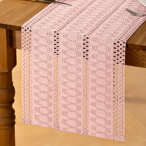 Image of MLMC Pink Boho Table Runner Farmhouse Macrame Woven Table Runner 72 inch Long Rustic Cotton Linen Blend Table Decor for Dinning Kitchen Wedding Bridal Shower Eveyrday Use 12x72 Inch