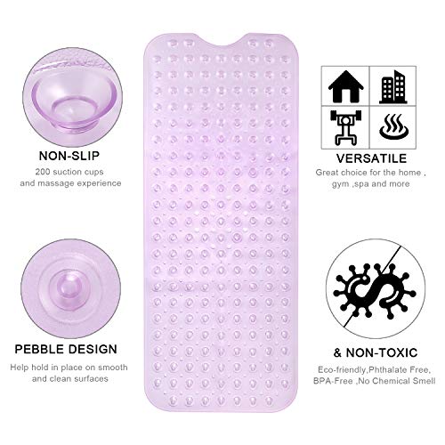 Image of YINENN Bath Tub Shower Mat 40 x 16 Inch Non-Slip and Extra Large, Bathtub Mat with Suction Cups, Machine Washable Bathroom Mats with Drain Holes, Purple