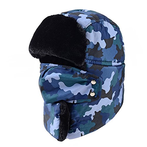 RACHAPE Winter Hat Hunting Hiking Warm Hat Ear Flap Chin Strap and Windproof Mask Blue