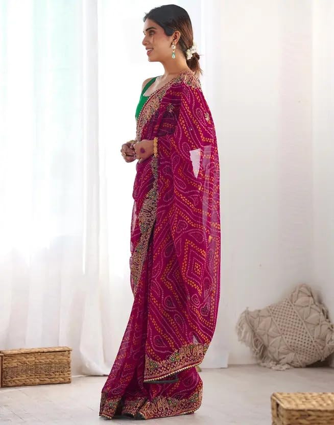 Image of Women's Georgette Bandhani Printed Embroidery Saree with Unstitched Blouse Piece