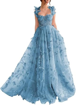 Tulle 3D Butterflies Prom Dresses for Women 2025 Long Lace Applique Ball Gown Formal Evening Party Gown with Slit