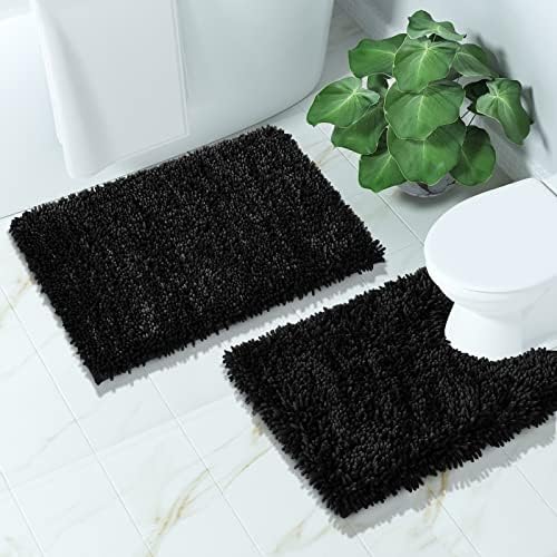 Yimobra Bathroom Rugs Sets 2 Piece, Luxury Shaggy Extra Thick Bathroom Rugs, Plush Non-Slip Mats for Bath Room Floor, U-Shaped Toilet Mat, Ultra Absorbent, 24 x 17 + 24.4 x 20.4 Inches,Black