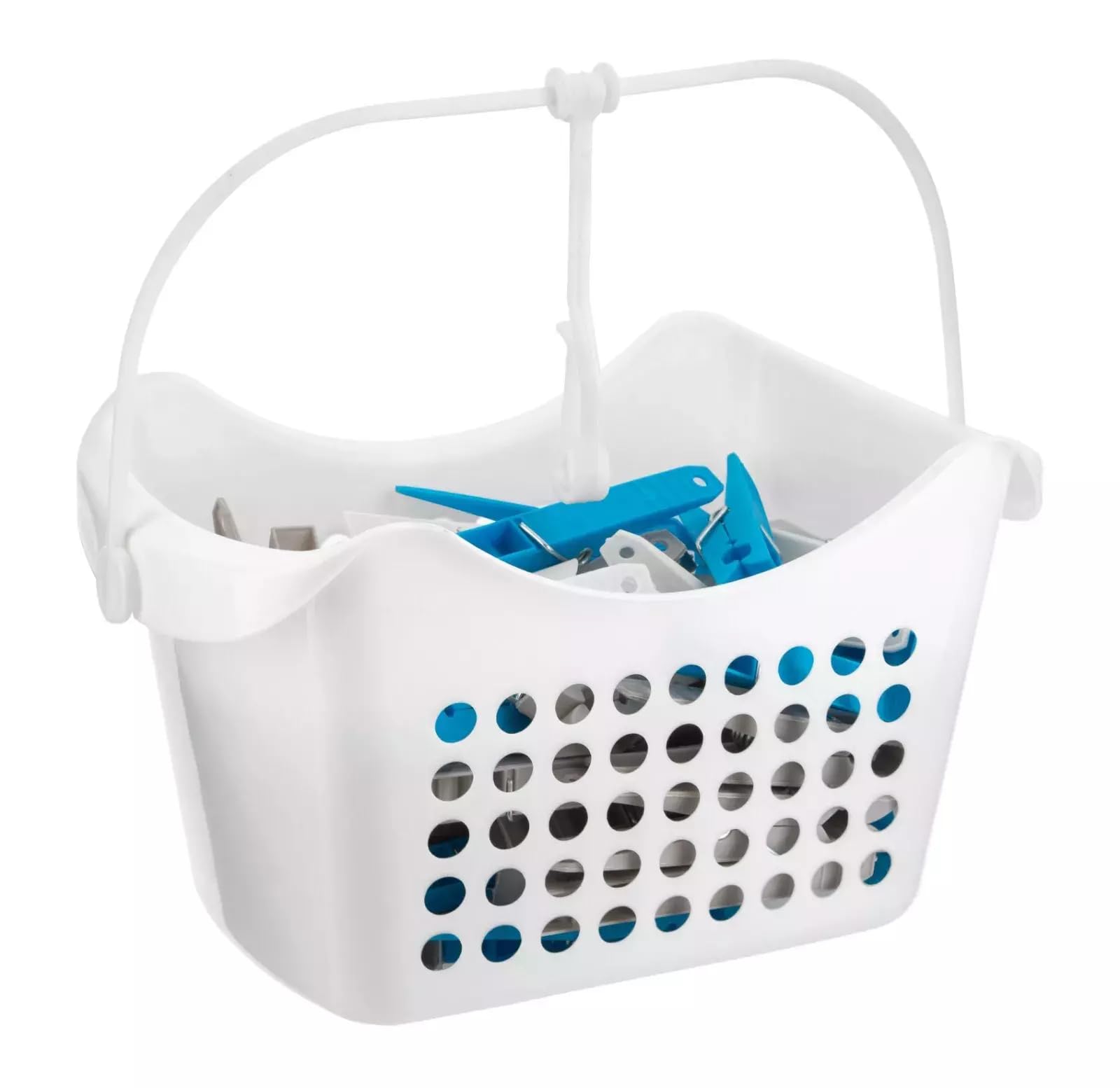 50 Large Clothes Pegs in Hanging Storage Basket for Washing Line Laundry Airer Strong Basket Garments Indoor/Outdoor Assorted Colours Pegs with Basket (White)