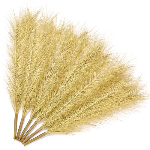 Image of Serwalin Gold Artificial Pampas Grass Decor, 17.7 Inch 6pcs Golden Realistic Faux Pampas Grass for Wedding Centerpieces, Home Decor, Table, Party Decorations