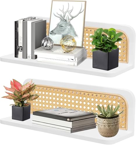 BigKing Estantería de pared flotante de madera, juego de 2 unidades, estilo bohemio, de ratán, para colgar en la pared, para salón, habitación de los niños, dormitorio