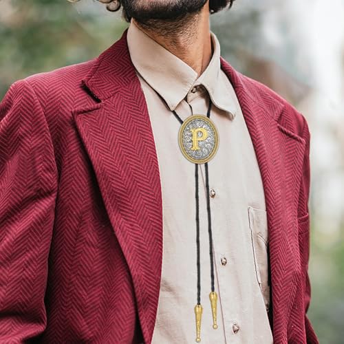 Image of HUABOLA CALYN Bolo tie for Men, Western Cowboy Golden Alphabet Initial Letter ABCDJMR to Y Costume Bolo ties Neckties