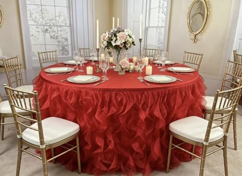 Image of Luxury Organza Mesh Table Skirt Draping Floating Romance - Perfect for Bridal Showers, Birthday Weddings - Clear Flowing Decoration for a Wonderful Main Cake Table (Red-6ft, 72 inch Lx30 H)