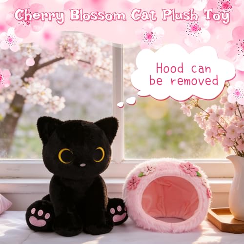 Image of Black Cat Plush with Removable Sakura Flower Hood - 8 inch Cute Stuffed Animal for Spring, Soft Kawaii Cat Plushie, Flower & Cherry Blossom Gift for Girls & Moms