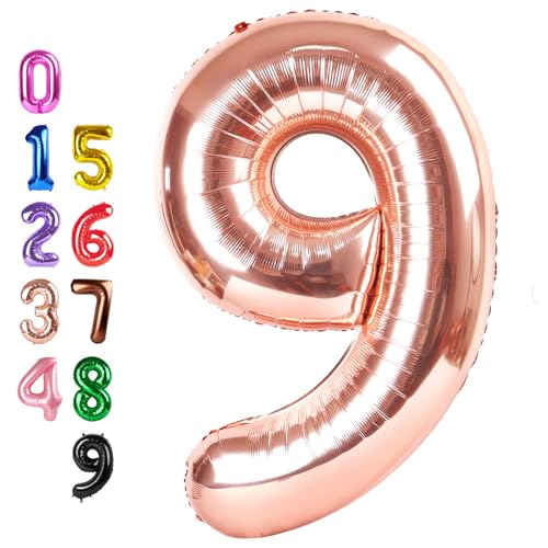 Image of Number Balloons Rose Gold 9 Balloon 40 inch for 9th Birthday Decoration | Saturated Color, Large 40 in, With Straw & Hanging Hole, For Back-to-School Season, Wedding, Christmas, New Year, Anniversary