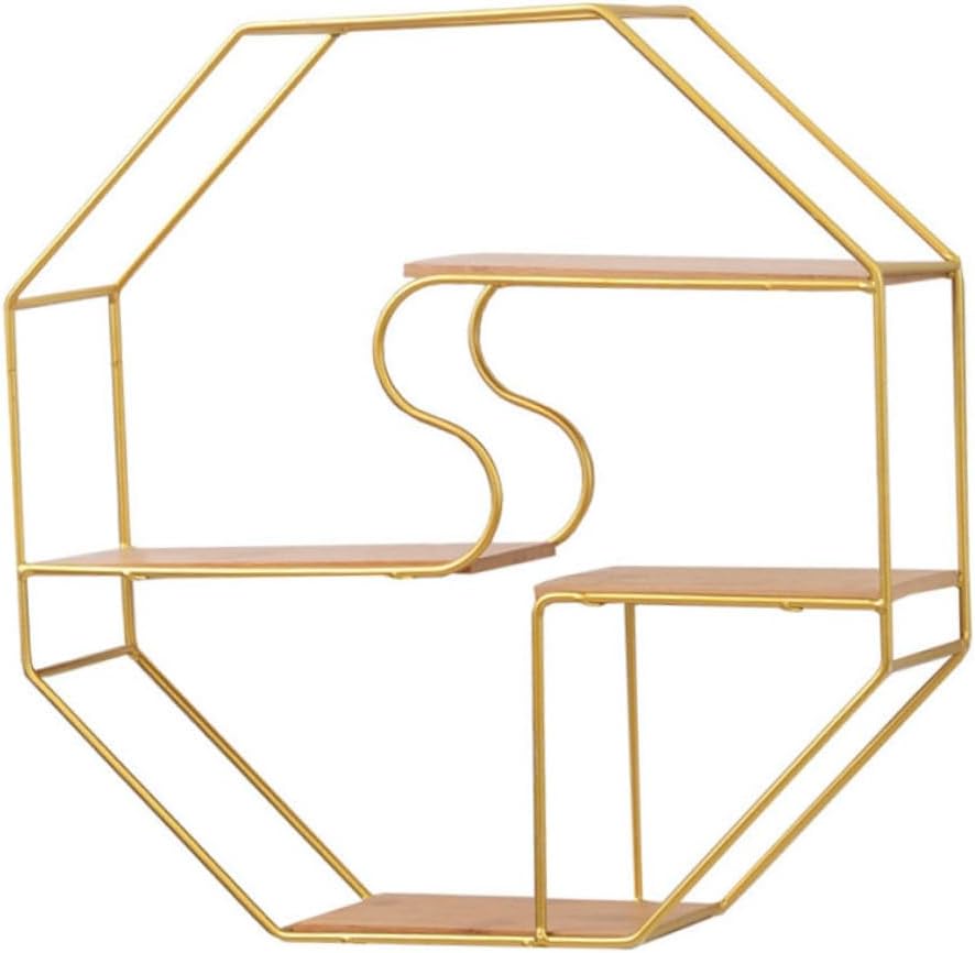 Wall-mounted Storage Shelf Gold Iron Wood Decorative Rack for Bedroom