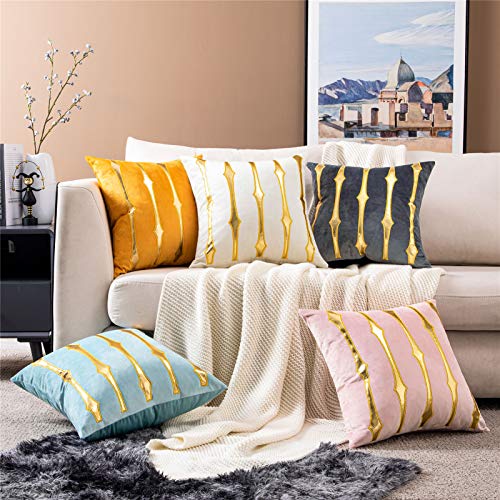 Topfinel Decorative Pillow Covers 18X18 Inches Throw Pillow Covers Gold Stamping Striped Velvet Cushion Covers For Sofa Couch Chair Pack Of 2, Light Blue #TOP5