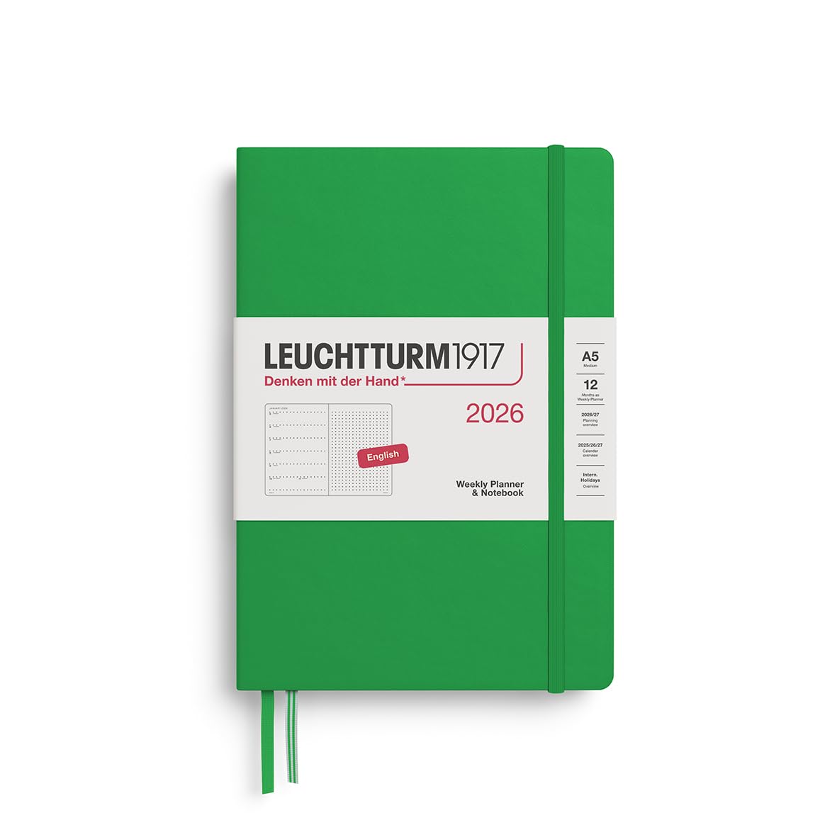 LEUCHTTURM1917 372703 Weekly Planner & Notebook Dotted Medium (A5) 2026, 12 Months, Spring Leaf, English