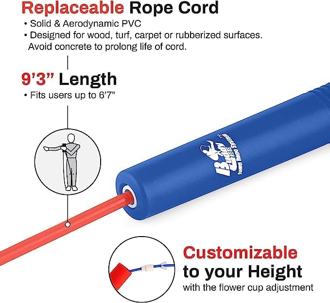 Miniatura 4 de Buddy Lee Magic Speed Pro Fitness Jump Rope - Azul  Mangos largos de diseño ergonómico  Sistema de ajuste de copa de flores  Avalado por Jump Rope