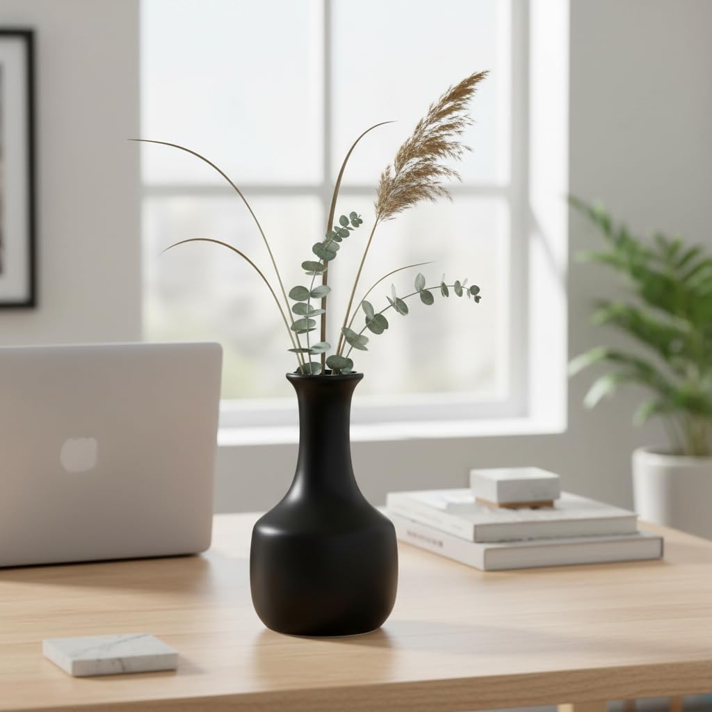 Black Ceramic Vase 9 Inch - Modern Decorative Vases for Flowers, Centerpiece for Pampas Grass, Living Room, and Dining Table Decor