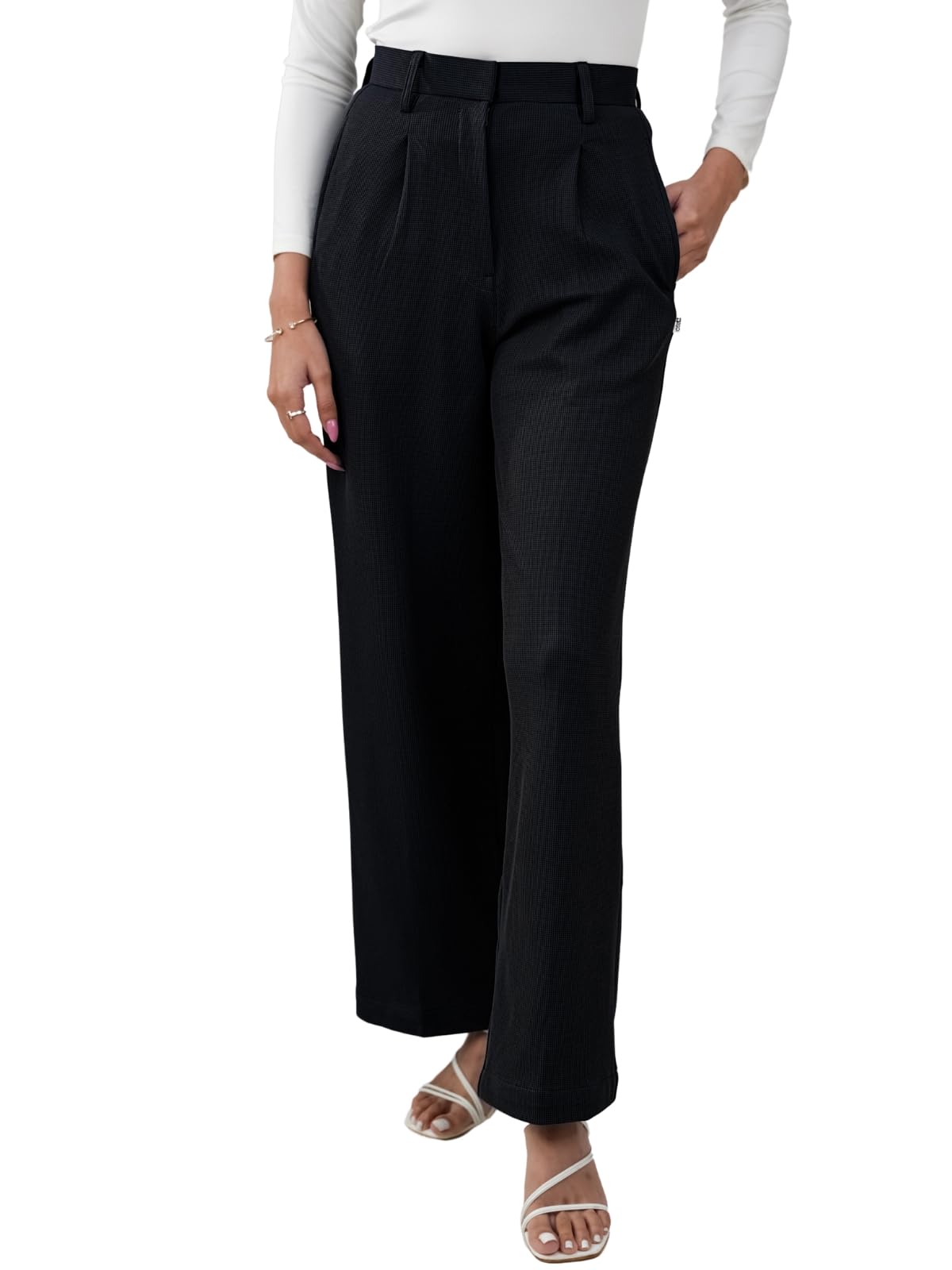 Trouser Pants for Women | Mini Waffle Pants for Women | Korean Pants for Woman | Women's High-Waisted Pant | Loose Fit Trousers | Stylish | Regular | Office | Textured