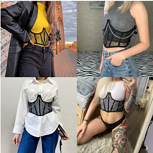 Jumisee Women See Through Mesh Lace Up Bustier Corset Metal Chain Boned Overbust Waist Cincher Wide Belt #TOP2