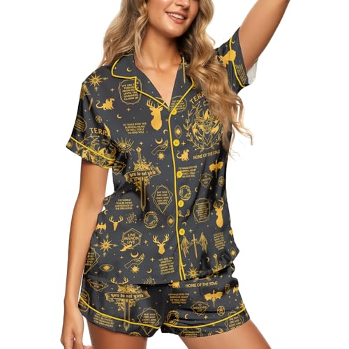 Image of Women's satin pajamas set, Short-sleeve button down Loungewear | Exclusive print on soft satin fabric; breathable comfort for sleep or lounge; button front top, elastic shorts; easy care