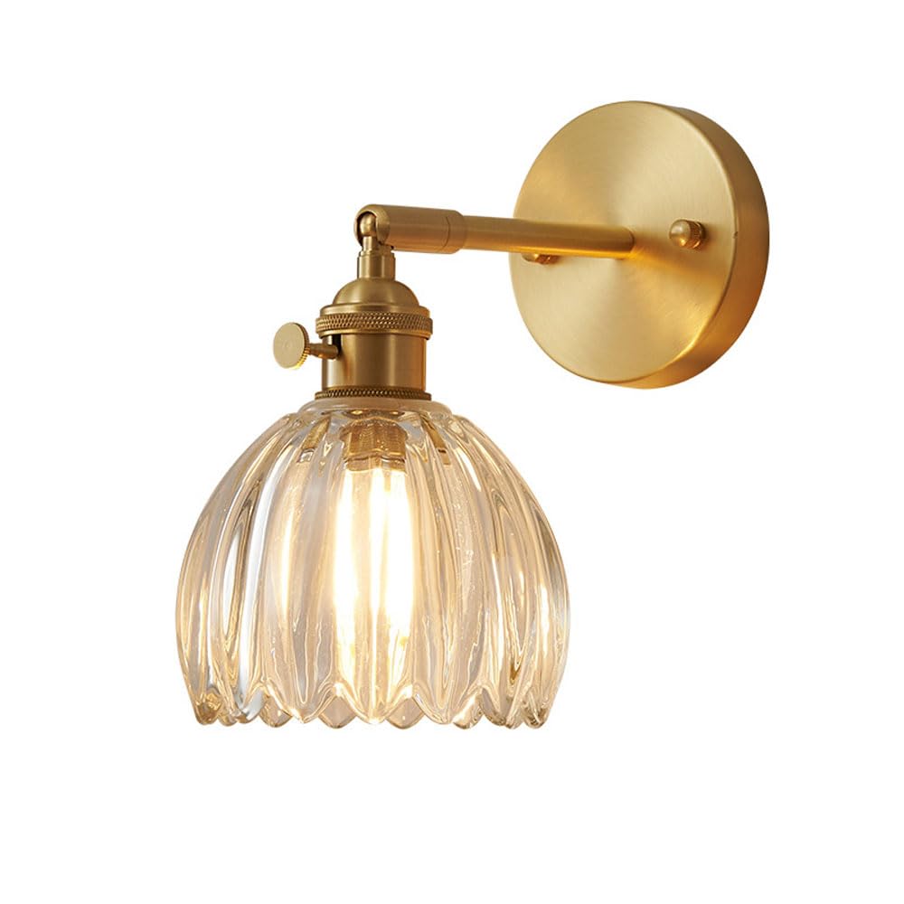 HPTHLY Clear Glass Wall Sconced Adjustable Wall Lamp With Brass Rotary Switch, Vintage Elegant Hand Blown Transparent Glass Wall Light Fixture For Bedroom Be(A)