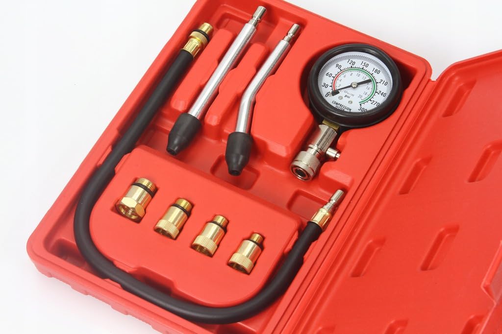 Set per la Misurazione della Pressione di Compressione nei Cilindri dei Motori Benzina | 8 Pezzi | 0-300 psi | Tubo Flessibile 49 cm | con Valigetta