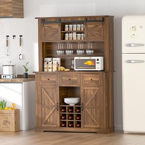 Redpick Farmhouse Coffee Bar Cabinet,72" Hutch Cabinet with Storage, Buffet Sideboard with Adjustable Shelves, Sliding Barn Door, Wine & Glasses Rack for Kitchen, Dining Room, Living Room, Barnwood Cover
