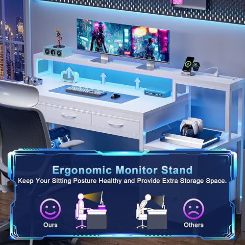 Image of REAHOME 61 Inch Gaming Desk with Charging Station and LED Lights, Reversible Computer Desk with Storage Drawer and Monitor Stand, Modern Desk Table with File Cabinet & Side Pocket, Carbon Fiber White