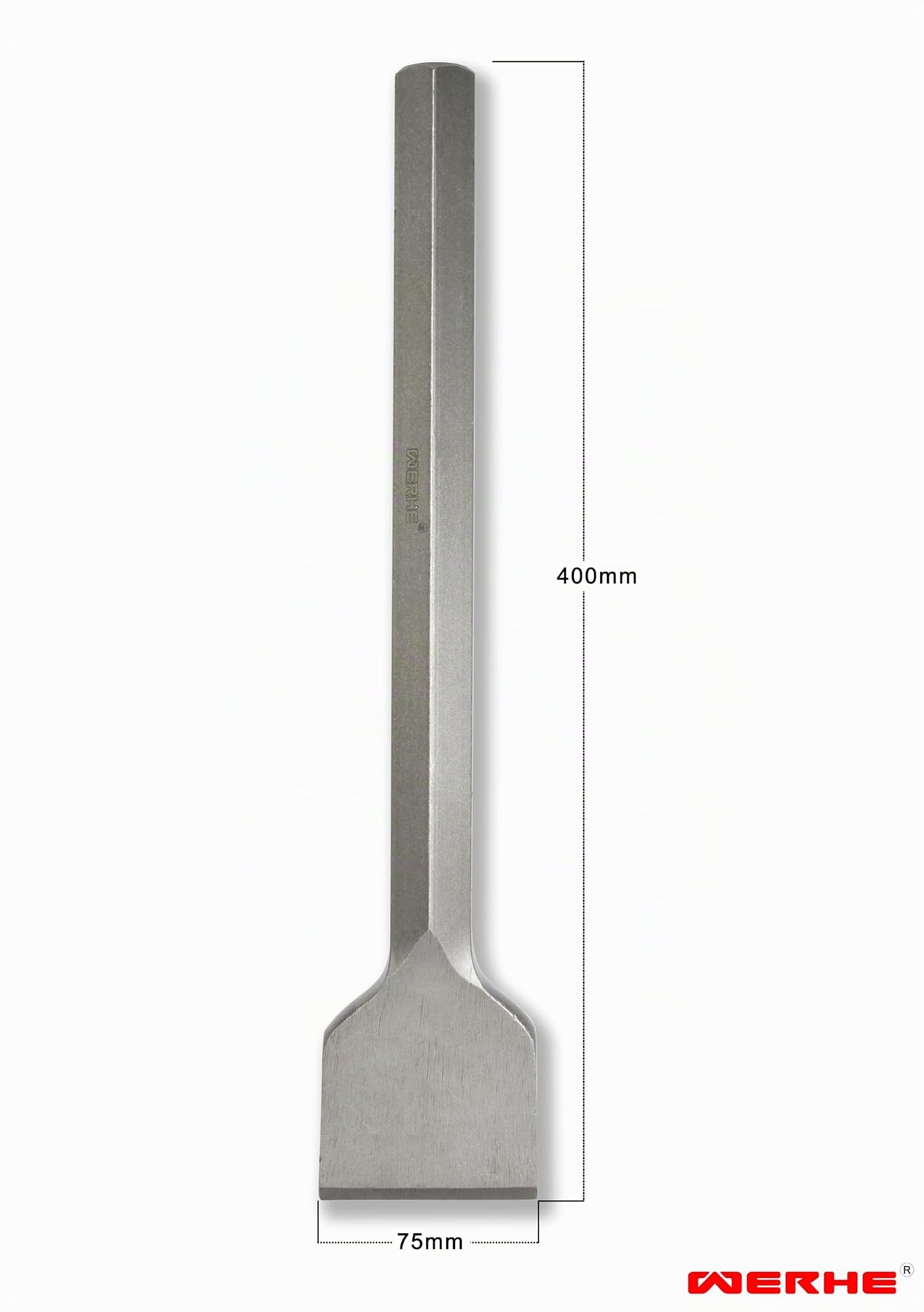 WERHE Burin Spatule HEX28 75x400 mm | pour béton, chape et maçonnerie, Hex emmanchement 28 mm, compatible avec Bosch, Makita, Einhell, pour décoller le carrelage