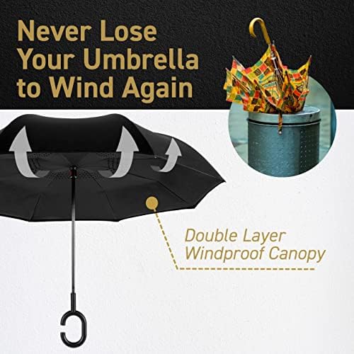 EEZ-Y Inverted Umbrella w/Windproof Double Layer Construction - Reversed Folding for Car Use - C-Shaped Handle for Hands-Free Use