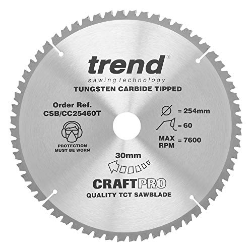 Trend CraftPro Negative Hook Cross-Cutting Thin Kerf TCT Saw Blade, 254mm x 60 Teeth x 30mm Bore, Tungsten Carbide Tipped, CSB/CC25460T