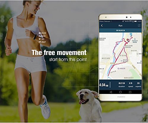 Image of a person running outdoors with a smart band, and a smartphone screen displaying a mapped running route with statistics like distance and duration.