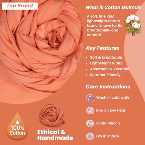 Image of Plain Mulmul Soft Cotton Fabric | Lightweight Breathable Mulmul Cloth | Super Quality Natural Cotton Fabric for Kurta, Dress, Dupatta, Lining & Craft Use (Peach Punch, 1 Meter)