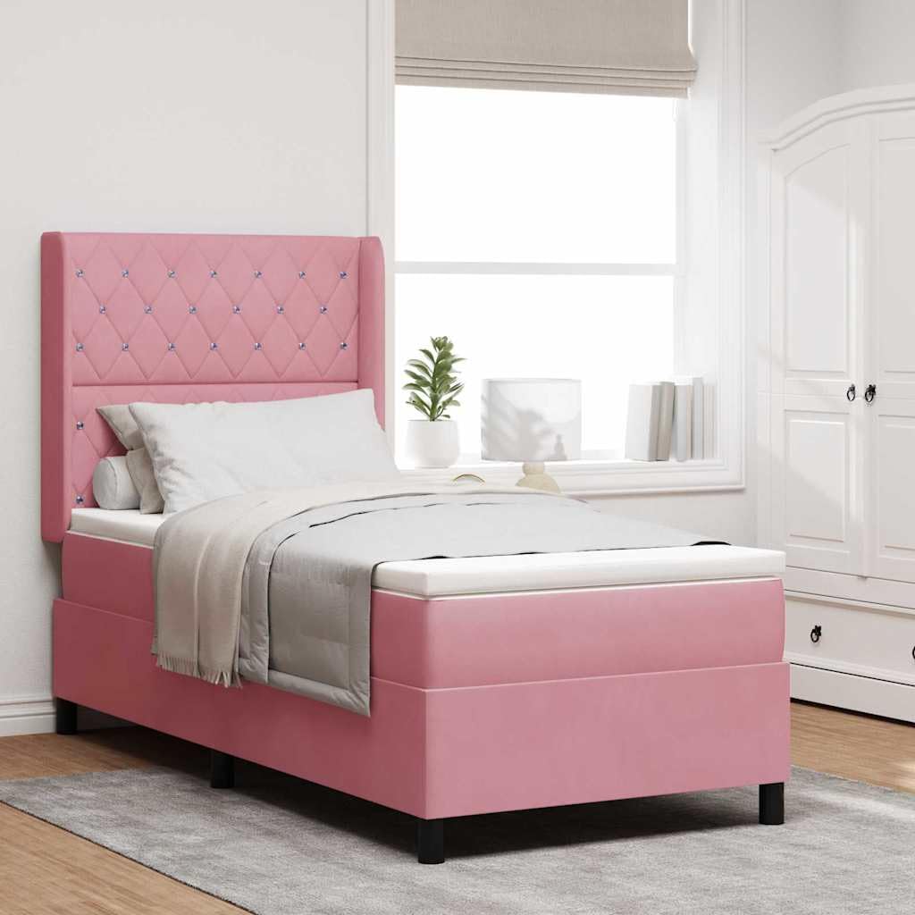 Lit à Ressorts avec Matelas LED Rose Velours 90x200 cm Tête réglable Bois RGB Lumière Éclairage USB Design Moderne Chambre Adulte Détente Nuit Confort