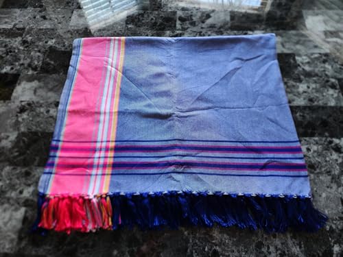 Unisex African Kikoy Scarf, Sarong, Wrap, Throw - 100% Cotton, Handmade Tassels, Multi-Use Beach Cover-Up, Picnic Blanket, & More - Faded Blue with Pink border.4