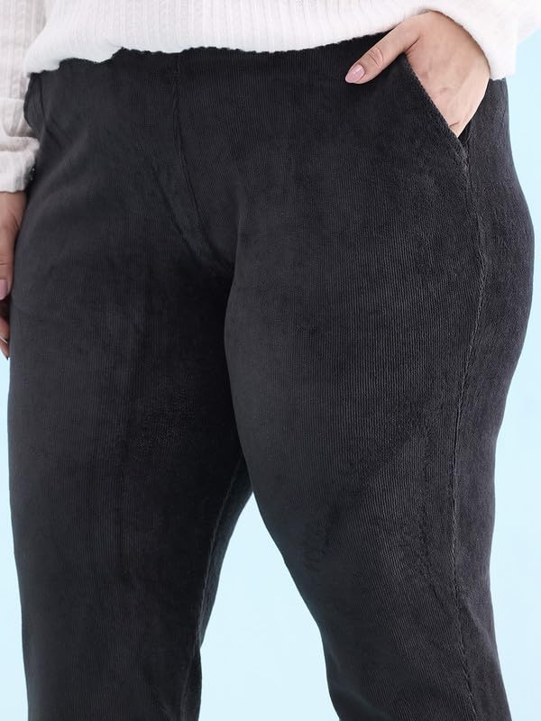 Image of GO COLORS Solid Corduroy Treggings for Women | Warmtech, Mid Rise, Side Pocket