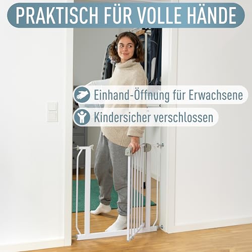 IB STYLE Türschutzgitter Berrin 67-75 cm - Treppenschutzgitter für Babys, Kleinkinder, aus Metall, Ohne Bohren, Weiß Grau
