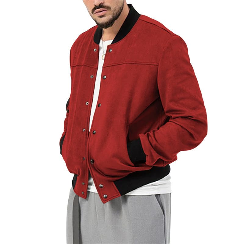 Image of Mens Faux Suede Bomber Jacket Varsity Jacket Windbreaker Vintage Casual Lightweight Leather Coats Jackets