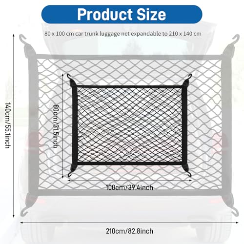 Zocipro Kofferraum Netz, 80 x 100 cm Kofferraumnetz Gepäcknetz Auto Erweiterbar auf 210 x 140 cm, Gepäckraumnetz, Kofferraum Netz Ladungssicherung mit 4 ABS Haken für die Meisten Autos