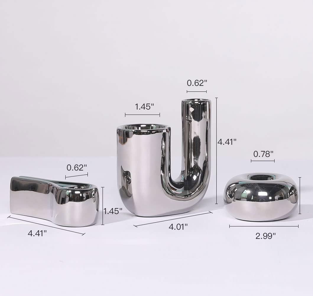 Silver Candlestick Holders, Decorative Taper Candle Holder Set Decor for Table Centerpiece Fireplace, Modern Silver Candle Holders Set, Aesthetic Ceramic Candle Stick Holder - Image 4