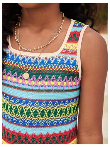 Girl's Summer Boho Striped Sleeveless Tank Dress - Square Neck Split Thigh Long Maxi4