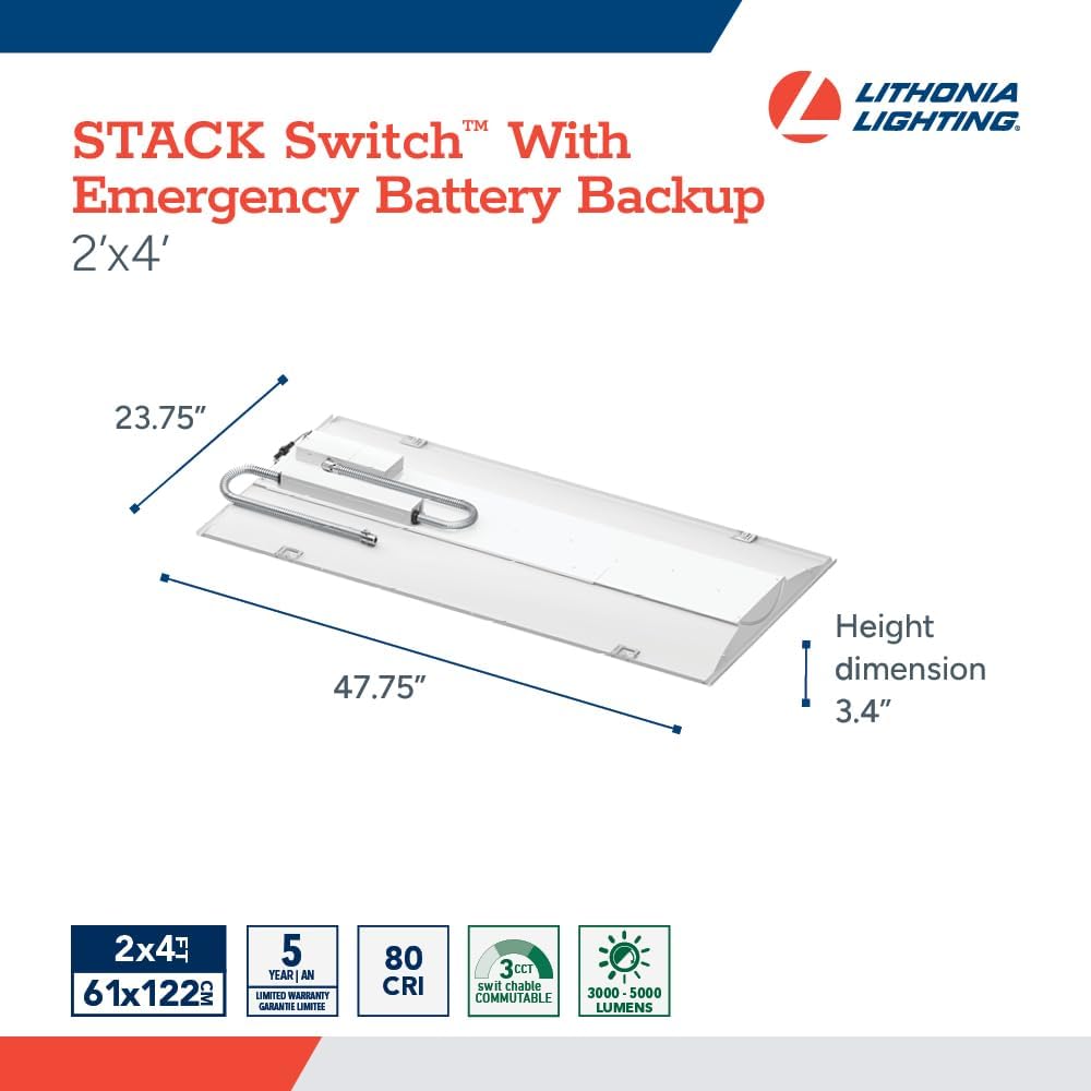 Lithonia Lighting 2x4 LED Troffer Light, Stack Switch LED Lay-in Ceiling Light Fixture, Adjustable Lumens, 3500K/4000K/5000K Switchable Color Temperature, Includes Emergency Battery Backup, White