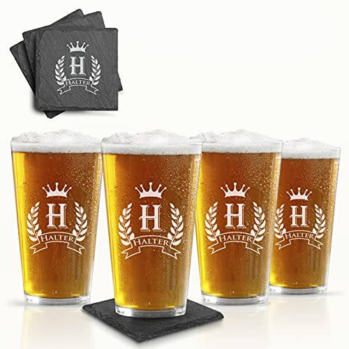 Custom Personalized Set of 4 Beer Glasses w/Grey Slate Coaster, Engraved Pint Glasses for Beer and Soda, Personalized Bar Coasters (4