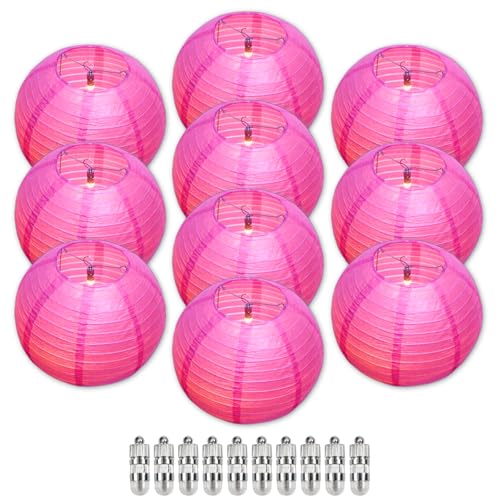 Image of Rose Red Chinese Paper Lanterns with LED Lights, 10-Pack 10inch | Hanging Lights for Wedding & Anniversary, Birthday Decorations, Ceiling Decor & Home Party